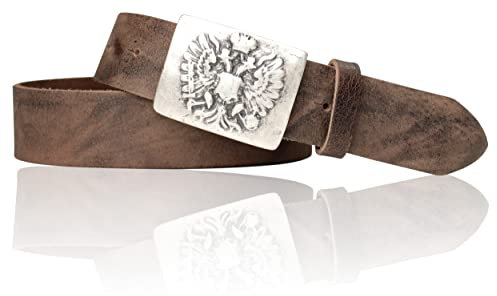 FRONHOFER Trachtengürtel Herren Echtleder 4 cm mit österreichischem Doppeladler Altsilber Schnalle 5 x 7 cm Druckknopf zum Wechsel für Lederhose und Jeans