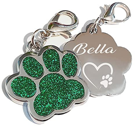 Edelstahl Hundemarke mit Gravur Glitzerpfote Plakette graviert Name Telefonnummer Adressanhänger personalisiert dog tag für Hunde oder Katzen (grün)