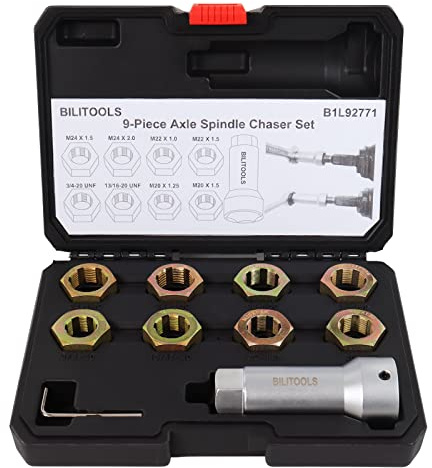 BILITOOLS Juego de reroscado de eje de 9 piezas, herramienta de restauración de roscas métricas M20 M22 M24 y UNEF 13/16 3/4