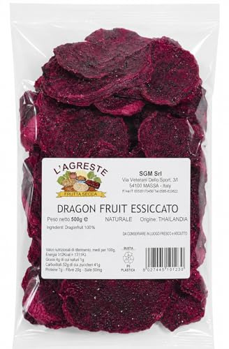 L'AGRESTE - DRAGON FRUIT ESSICCATO 500 GR – FRUTTO DEL DRAGO DISIDRATATO NATURALE – SNACK ESOTICO RICCO DI FIBRE – IDEALE PER COLAZIONI, DOLCI E RICETTE GOURMET