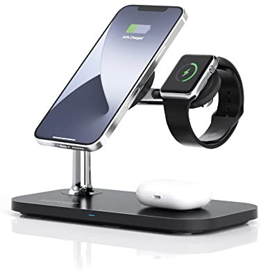 RealPower ChargeAIR Mag drahtloses 3-in-1-Ladegerät mit MagSafe für iPhone 14, 13, 12 + Apple Watch + AirPods (lädt iPhone 14-Modelle magnetisch mit bis zu 15 W auf)