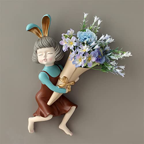 KASUK Wandvase, Dekoration, Heimdekoration, Hasenstatue, Wanddekoration mit Blumenvase, Raumdekoration, Vase, Wandpflanzer Lucky Statue (Color : Blue with Flower)