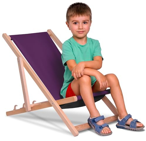 DreamRoots Kinder Liegestuhl Holz klappbar Outdoor, Purple | Klappbarer Campingstuhl, faltbar, für Garten & Strand, bis 130 kg, waschbarer Bezug, 100% Polyester, UV-beständig
