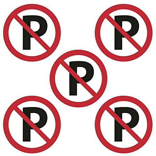 Kleberio® Selbstklebende Aufkleber - Parken verboten - 10 cm 5 Stück Piktogramm wetterfest für Privatgrundstück, Privatweg, Privatparkplatz, Firmengelände, kein Abstellen von Fahrzeugen