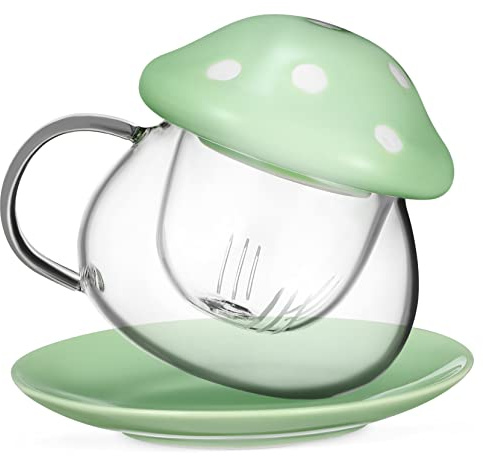 UPKOCH Glass Tea Cup with Detachable Strainer, Lid and Coaster, Small Green Glass Teacup Mug Withstand High and Low Temperatures, for Home and Office Tea Brewing