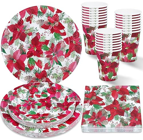 ZVK Weihnachsstern Pappteller, Servietten, Pappbecher 96 Stück Partygeschirr Set Rot Weihnachts Tischdeko, Geschirrdeko