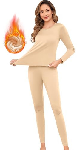 Jiuday Thermounterwäsche Damen Winter Funktionswäsche Set Warm Thermo Unterwäsche Atmungsaktiv Flexibel Skiunterwäsche für Hause Wintersport (Beige,XL)
