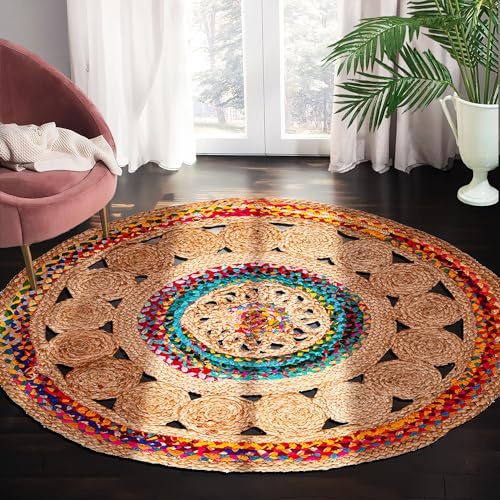 RIANGI Runder handgewebter Chindi-Teppich aus Jute, 122 cm, bunt, Boho-Teppich für Wohnzimmer, Schlafzimmer, Esszimmer, Klassenzimmer