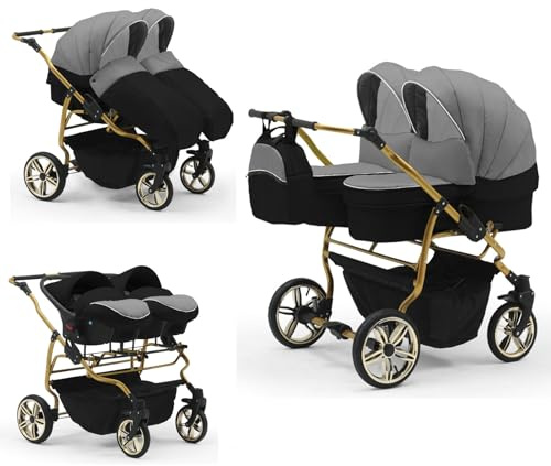 Zwillingskinderwagen 4 in 1 Duet Lux Goldedition inkl. Autositze - 13 Teile - in 20 Farben