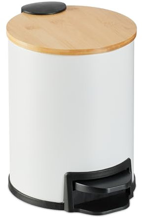 Relaxdays 3 L Pattumiera Bagno a Pedale, Cestino con Secchio Rimovibile e Coperchio Ammortizzato, Ferro e bambù, Bianco