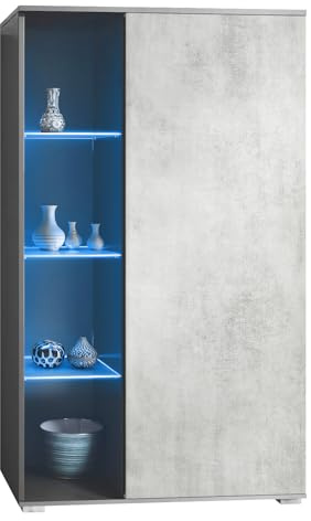 Vladon Vitrine Davos, Made in Germany, Standvitrine mit 3 Glasböden und 8 Fächer inkl. LED, Anthrazit matt/Beton Oxid Optik (71,5 x 134 x 35 cm)