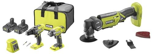 Ryobi R18PD3RID-215S 18V ONE+ Cordless Combi Drill and Impact Driver Starter Kit (2X 1.5Ah) Amazon Exclusive & ONEPlus R18MT-0 18V Cordless Multi Tool (Zero Tool), Hyper Green