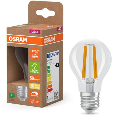 Osram Energy Class nella classica forma a lampadina, 2,2 W / 470 lm, EEK A, luce bianca calda (2700 K), CRI 80, in vetro senza piombo trasparente, attacco E27, IP20, diametro 60 mm, dimmerabile