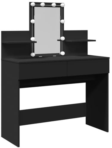 vidaXL Schminktisch, Frisiertisch mit Spiegel LED-Beleuchtung, Kosmetiktisch mit 2 Schubladen 2 Ablagen, Frisierkommode, Modern, Schwarz