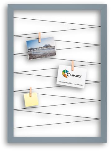 Clamaro Cornice Portafoto Collage Flex, 50 x 70 cm, Grigio Azzurro, Appunti | Cornice in MDF Interamente Rivestita, Cordino Elastico Teso, Mollette Portafoto in Legno Vero, Gancio da Parete, per Foto
