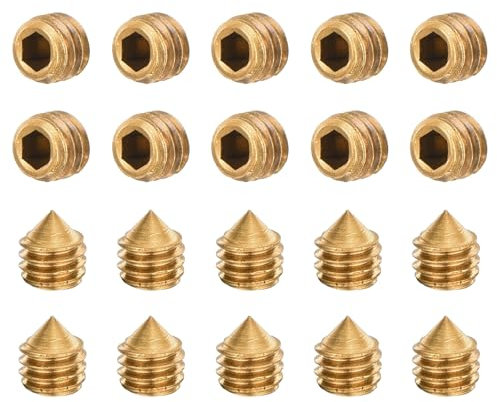 sourcing map 20Pcs Set Screws M4x4mm Brass Cone Point Hex Socket Grub Screws for Machinery, Home Repairs, and Fixtures Gold Tone