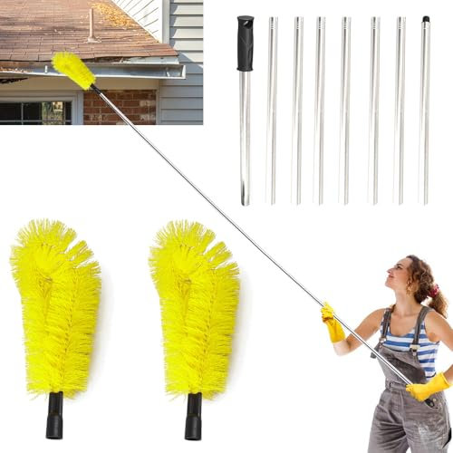 Telescopic Gutter Cleaning Brush - 12.7Ft Extendable Roof Gutter Cleaner Equipment, 2 Brushes & 10Pcs Telescopic Poles for Cleaning Leaves Window Gutter Hanging Light Spider Web, Yellow