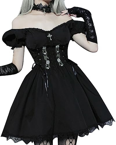 Gothic Kleid Damen Schulternfrei Kurze Ärmel Minikleid Hohe Taille Empire-Taille Schlanke Passform Spitze Party Kleid