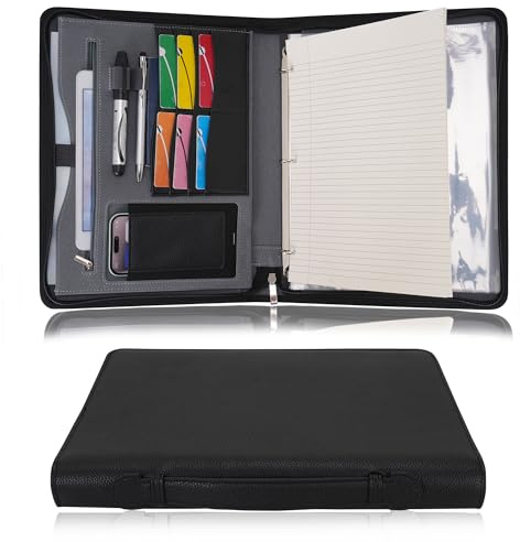 Wonderpool A4 Reißverschluss Dokumentenmappe Leder PU Schreibmappen Portfolio Ringbuch Klemmbretter Padfolio Tasche für Geschäftsreisen Präsentationsmappe Organizer (Schwarz)