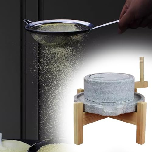 Hand Grain Mill Stone,25cm x 35cm Country Living Grain Milling Machine for Home, Manual Stone Flour Mill with Wood Frame, Old Hand Mill for Bean Barley Wheat Nutmeg