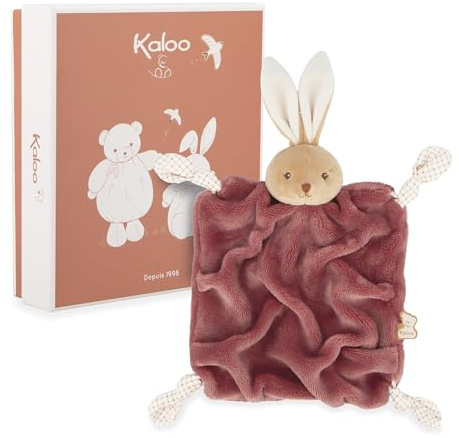 Kaloo - Schmusetuch Kaninchen Bordeaux 24cm - Flaches Baby-Schmusetuch Ultraweich -Extraweiches Flanellfell-Schleifen mit Schnullerhalter-Funktion-Kuscheliger und pädagogischer Begleiter ab der Geburt