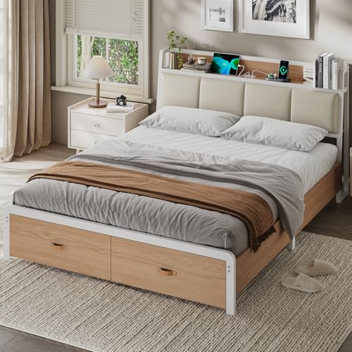 KIMENICH Lit 160x200 avec Sommier en Métal, Cadre de Lit 160x200 avec Tête de Lits en Bois et Compartiments Ouverts, Lits Double avec Multiprise et 2 Tiroirs, Blanc + Chêne Sonoma