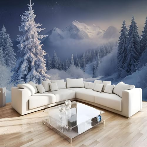 MIATCENRT Paysage Papier Peint Panoramique, Forêt Montagne Enneigée 3D Tissu De Soie Murale, 350X256Cm (L×H) Tapisserie Poster Geant Mural, Décoration Murale Chambre Salon Restaurant
