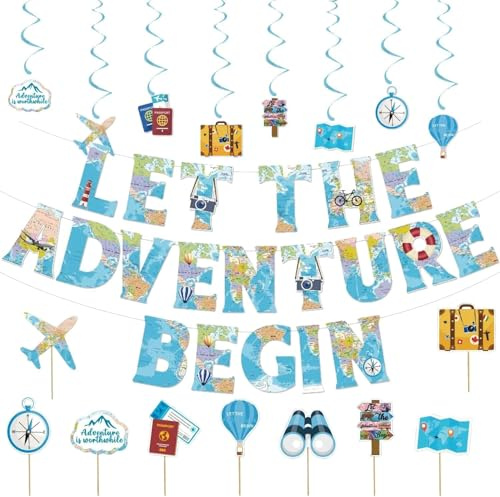 20 PCS Bon Voyage Party Decorations – ‘Let the Adventure Begin’ Travel Theme Decor Set with Banner, Cupcake Toppers, and More – Farewell, Retirement, Graduation & Going Away Party Supplies