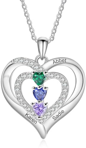 Zeekisfia Collier Personnalisé Prénom, Cadeaux Fete des Mere, Cœur avec Noms et Pierres de Naissance, Cadeau Femme Original, Bijou Femme pour Anniversaire, Fête des Mères, 3 Noms