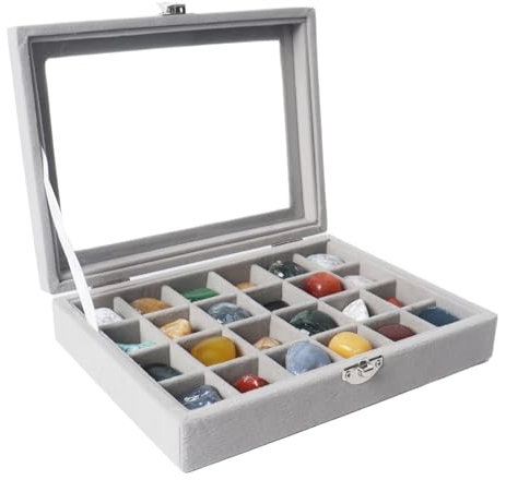 Dmnnlp 24 Grids Rock Display Case, Velvet Rock Collection Box with Glass Clear Lid, Storage Display Box for Small Gemstone Fossil Crystal Stone Rings Earrings Charms Collectibles(Grey)