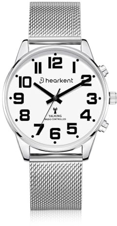 Hearkent Orologio parlante,Indicazione vocale tedesca,Grandi numeri,Orologio da polso parlante autoregolante,Idee regalo per anziani/non vedenti,Allarme integrato/ora, Argento, nastro 20 mm, Herren