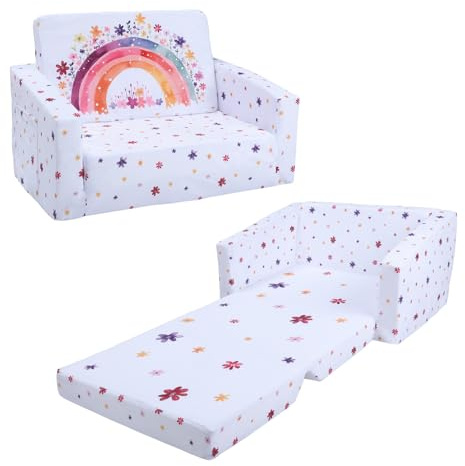 Divano Letto per Bambini 2-in-1 Pieghevole Schienale Poltrona, Comoda Stabile Divano Bambini con Tasca in Stoffa, Divano Pieghevole Leggero Apribile per Camera da Letto, Soggiorno, Fiori Arcobaleno