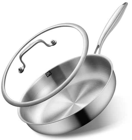 GOLDEN KEY 12 Inch Tri-Ply Stainless Steel Frying Pan with Lid - PFOA/PTFE-Free, Even Heating, All Cooktop Compatible, Oven Safe 500°F, Dishwasher Safe for Searing, Sauteing, Roasting & Frying