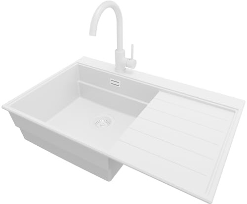 PRIMAGRAN Fregadero Granito al Mueble 50cm + Grifo, 78x50cm | Set: Grifo BW5010 + Kit de desagüe (sifón, válvula, rebosadero) + Sydney Ergo 1 Seno para Cocina, Todo Blanco