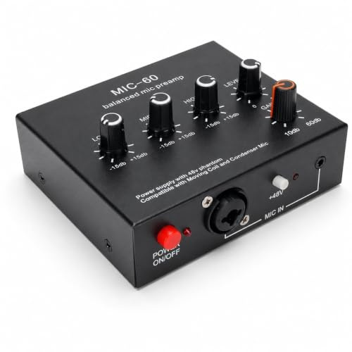 Mikrofonvorverstärker Mic Booster 60dB Verstärkung 48V Phantomspeisung, 3 Eingänge XLR 3,5mm 6,35mm Vorverstärker für Dynamische Kondensatormikrofone
