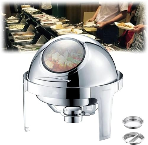 Rolltop-Chafing Dish aus Edelstahl, rund, 6 Qt, Buffet- oder Wärmetablett, Speis Speisenwärmer für Partys, Buffet-Set, Chafing Dishes, 6 Qt, für Hochzeiten, Partys (mit Glasfenster, Paket 2)
