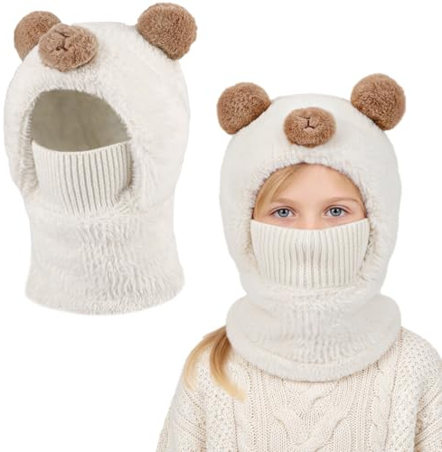 AYPOW Termisk vintermössa för barn, 4–12 år, vindtät stickad varm huva mössa, ansiktsskydd, skidmask, halsvärmare med fleecefoder, mössa och halsduk, set för pojkar, flickor, utomhussport, cykling
