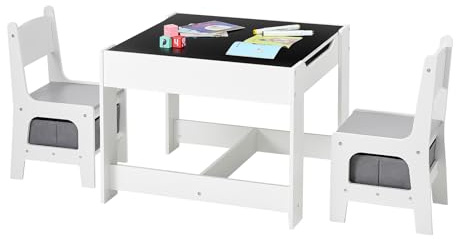 VEVOR Mesa Infantil, con 2 Sillas y Caja de Almacenamiento de Tela Debajo de Las Sillas, para Leer, Aprender, Dibujar y Escribir, para Niños de 2 a 8 Años, en Guarderías, Blanco, Negro y Gris