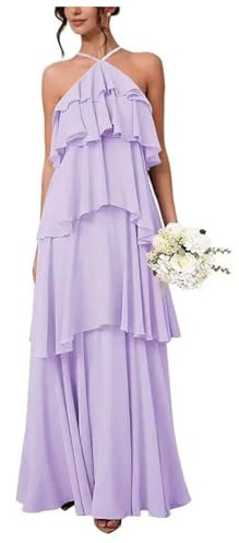 Tiered Chiffon Bridesmaid Dresses for Women Halter Long Wedding Guest Dress A Line Backless Formal Gown Lilac 8