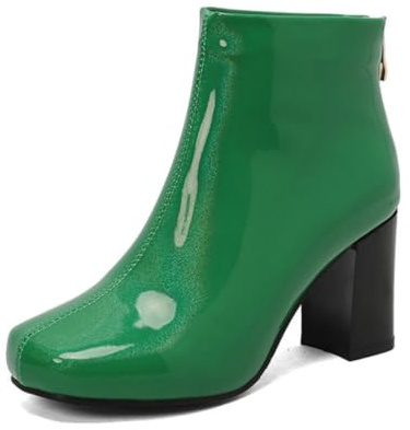 Genérico Botas Mujer de Tobillo de Piel Charol con Punta Cuadrada - Tacón de Bloque y Cremallera Trasera, Estilo Otoño/Invierno,Verde,40 EU