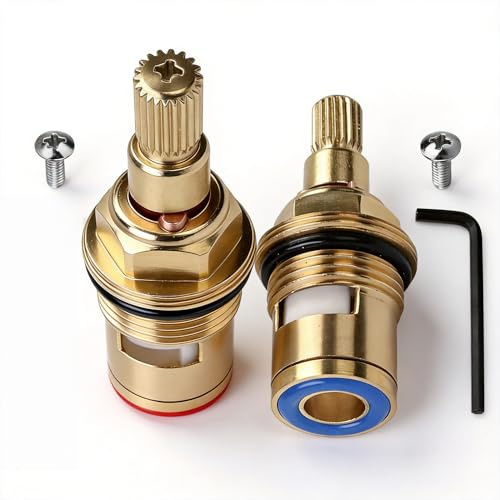 2PCS Solid Brass Ceramic Tap Cartridge 1/4 Turn 20 Spline with Washers (Hot & Cold) - Universal Replacement Cartridges Tap Valve Solid Brass Ceramic with Allen Key