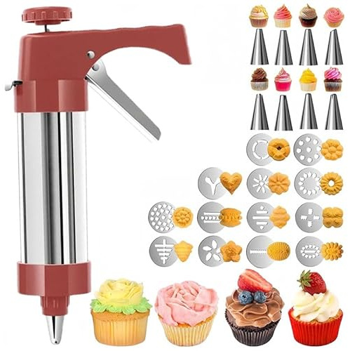 2026 New cookie press gun, Stainless Steel Cookies Press for baking, Cookie Press Gun Kit with 8 Icing Tips and 13 Cookie Discs for Kitchen Baking, Cheese Press for Baking & Cake Decorating (Red)