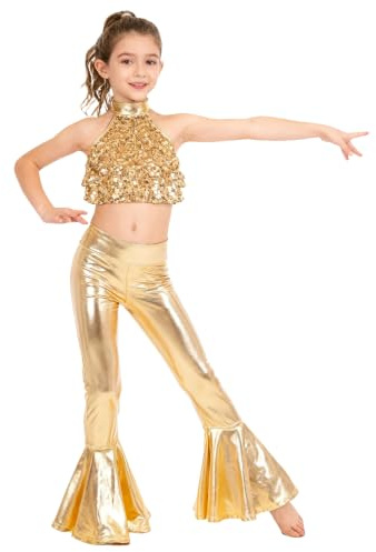 ranrann Enfant Fille Costume Danse Disco Crop Top Paillette et Pantalon Evasé Métallique Tenue Danse Moderne Jazz Hip Hop
