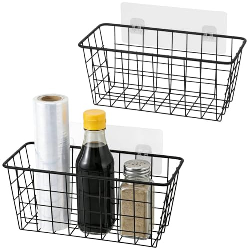 Toplife Kitchen Hanging Basket, No Drilling Cabinet Door Organizer Rack, Wall Adhesive Basket for Cabinet, Cupboard Door, Bathroom, Kitchen Storgae Baskets, Black (2 PacK)