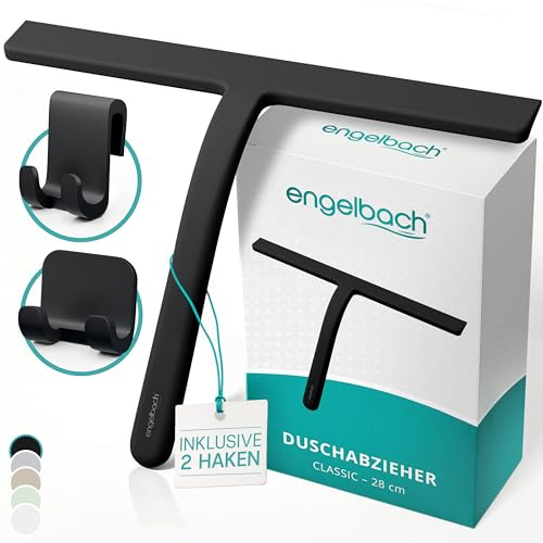 Engelbach® Limpiacristales para Ducha - sin Rayas y silencioso – Limpia Cristales ergonómico y Antideslizante - rasqueta mampara Ducha, con 2 Soportes incluidos, 28cm, Negro