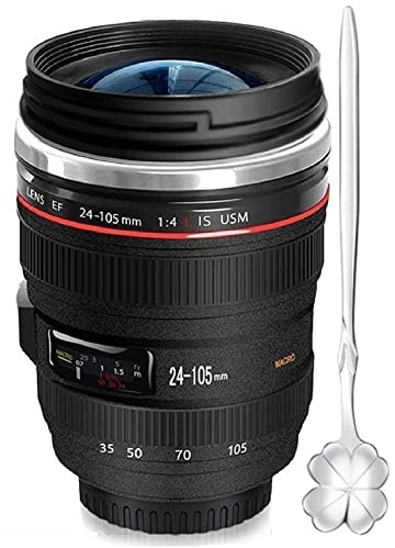 DEEXITO Camera Lens Coffee Mugs,Stainless Steel Lens Cups with Four Leaf Clover Spoon,Novelty Christmas Gifts for Photographers Sweeties Dad Men Women Photography Lovers