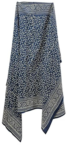 INDIANHANDICRAFTS Hand Block Print Sarong, Women Bikini Cover, Indian Cotton Fabric Pareo, Size 44x72 Inch, Indigo Blue, Maxi Dress, Sleeveless, Round Neck, Casual, Summer, Hand Wash, Line Dry