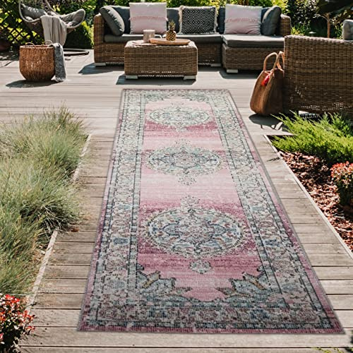 Teppich-Traum In- & Outdoor Teppich Vintage Blumen Rosa 80x300 cm | Pflegeleicht, schmutzabweisend, farbecht und strapazierfähig, allergikergeeignet, für Balkon, Terrasse, Garten und Pavillon