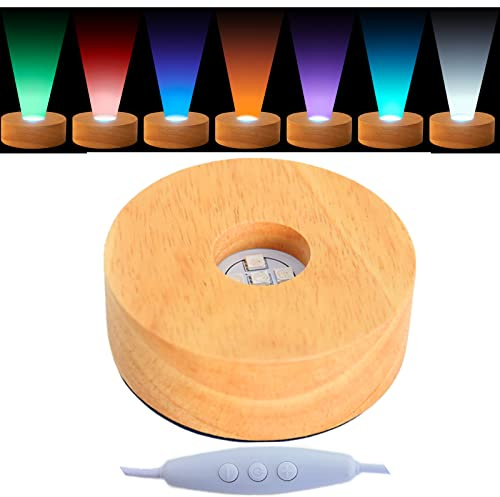 EUSTUMA Dimming LED Light Base Rectangle Wood Display Stand for Glass Crystal Glass Art Color Changing,Holiday Home Party Decoration.10 Modes, Adjustable Light Brightness. (Round)