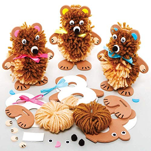 Baker Ross FE362 Teddy Bear Craft Kit - Pack of 3, Children's Art Make Your Own Fluffy Pom Friend